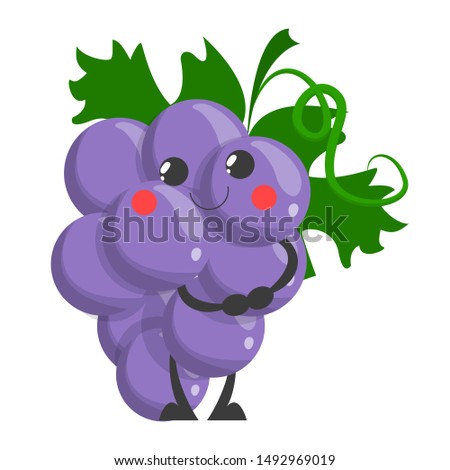 Funny cute grape character vector isolated, fresh fruit with a face. Purple plant, juicy nutrition.
