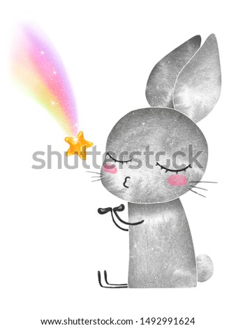 Cute little rabbit catching a star. Children illustration set