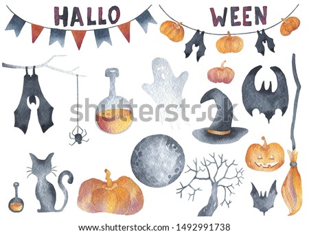 Set of ghost, moon, pumpkin, broom, potion, tree, hat, bat, spider, cat for Happy Halloween. Hand drawn watercolour painting on white clip art graphic elements for creative design, printable decor.