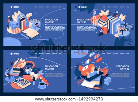 Collection horizontal educative banners about learning foreign languages, business formation. Isometric design good for landing page on blue background. Tiny people reading large books Royalty-Free Stock Photo #1492994273