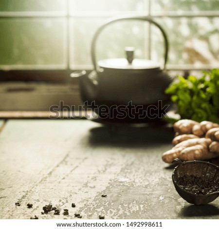 Tea composition on wooden table, close up
