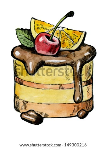 watercolor hand drawn picture of fruit cake