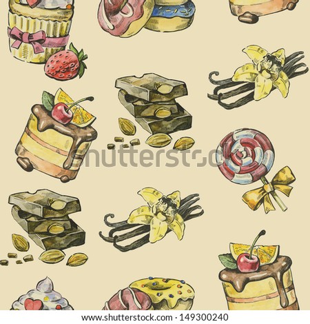 watercolor hand drawn picture of sweets and chocolate