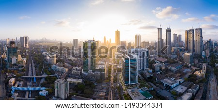 Aerial panoramic view of Mumbai's richest business district and skyscraper hub- Lower Parel. Various businesses, MNCs, corporates operate from here and it is a prominent skyscraper hub of Mumbai. Royalty-Free Stock Photo #1493044334