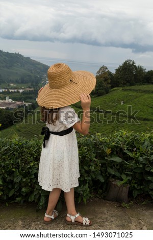 a beautiful girl wearing dress and wicker hat looking at the green tea field landscape with sea in the village from Rize Turkey.