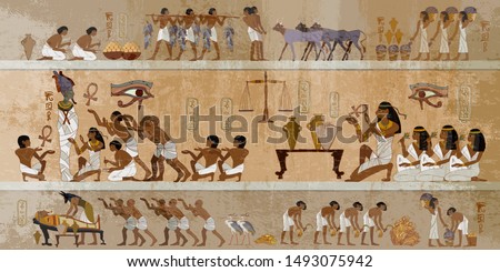 Ancient Egypt frescoes. Life of egyptians. History art. Hieroglyphic carvings on exterior walls of an old temple. Agriculture, workmanship, fishery, farm  Royalty-Free Stock Photo #1493075942