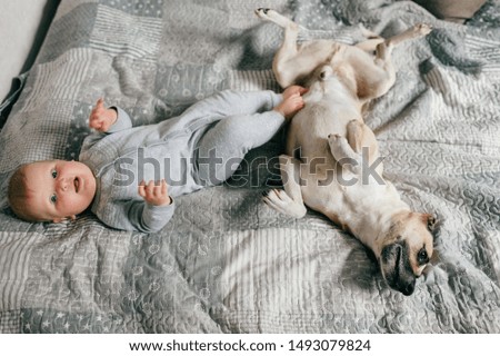 Little baby boy playing with puppy on bed