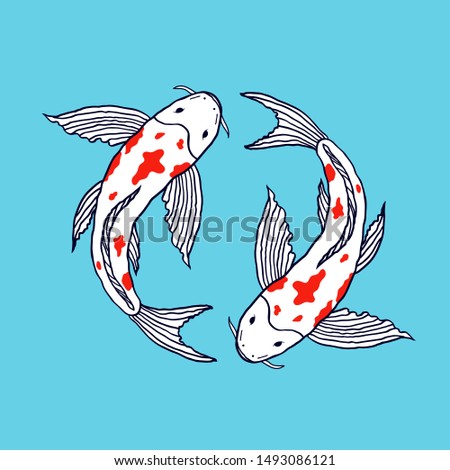Hand drawn koi fishes in doodle style on blue background