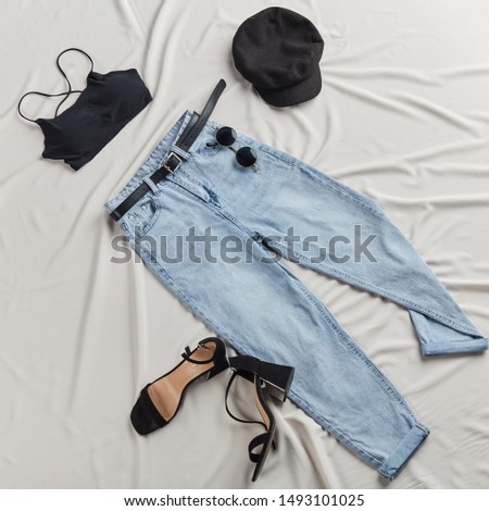 fashionable trendy clothes for an event. top view photo. clothes for cool girls