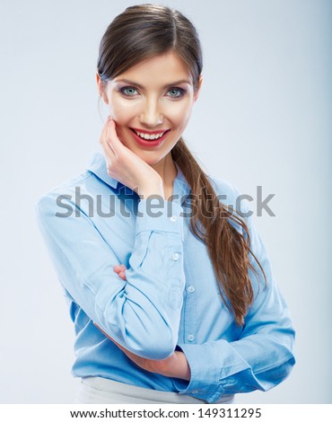 Business woman portrait face touching. Isolated studio young business woman.