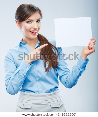 Business woman show  banner, white background  portrait. Female business model. Smiling girl isolated.