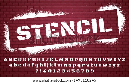 Stencil font. Graffiti spray painted alphabet, dirty textured lettering and grunge letters. Military abc and numbers, stamp type army scratched text. Isolated vector symbols set Royalty-Free Stock Photo #1493118245