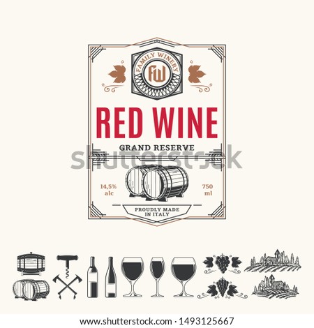 Vector vintage thin line style red wine label. Winemaking business branding and identity design elements. Royalty-Free Stock Photo #1493125667
