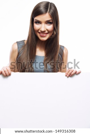 Close up business woman portrait. White background female portrait. Smiling girl hold white blank card.