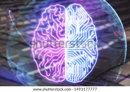 Brain drawing hologram with abstract background. Multi exposure. Data technology concept.
