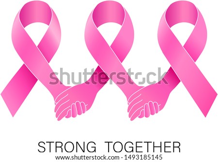 Holding hands in pink ribbon. Breast Cancer Awareness Month Campaign. Icon design for poster, banner, t-shirt. Illustration isolated on white background.