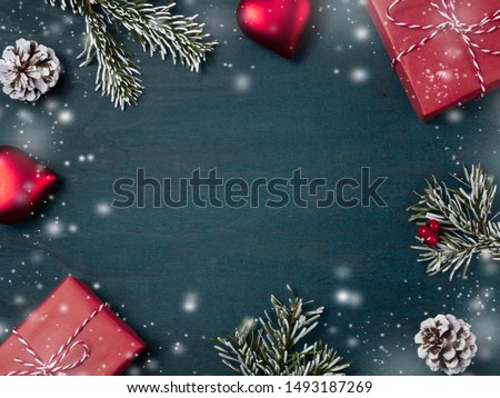 Christmas composition, blank for design - gifts and decorations on a textured background, copy space, place for text