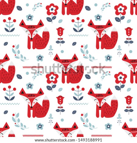 Seamless pattern with foxes and flowers in Scandinavian style. Vector Illustration. Kids illustration for nursery scandi design. Great for baby clothes, greeting card, wrapper.