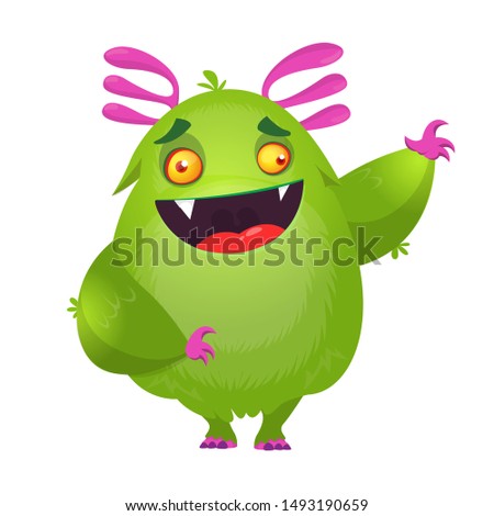 Cartoon green furry monster. Halloween vector illustration of excited monster