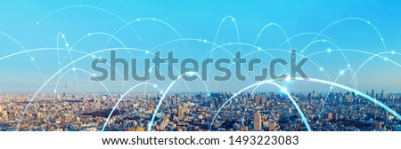 Smart city and communication network concept. 5G. LPWA (Low Power Wide Area). Wireless communication. Royalty-Free Stock Photo #1493223083