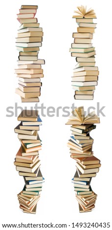 many old antique books pile isolated on white background, books stack set
