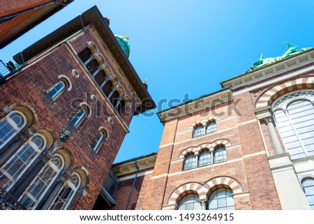 Copenhagen. Denmark. July 25, 2019. Beautiful old Kalsberg Brewery building. Bottom View Attractions.