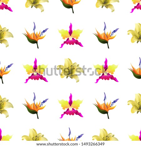 Pink Orchid. Yellow Lilium. Orange Strelitzia. Vector illustration. Seamless background pattern. Floral botanical flower. Wild leaf wildflower isolated. Exotic tropical hawaiian jungle. Fabric.