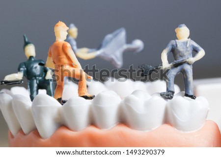 Miniature people or small figure worker cleaning tooth model as medical and healthcare concept. Cleaning team work on teeth model for dental or dentist idea