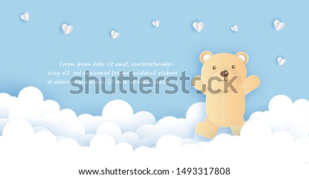 teddy bear walking on cloud  in paper cut and craft style for toy shop , banner . 