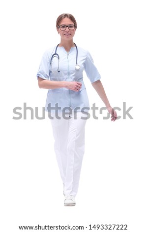 friendly medical doctor woman stepping forward . isolated on white