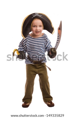 Little boy dressed in pirate with sword and hook