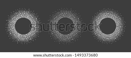 New Year, Christmas round snow frames. Set of winter dotty abstract backgrounds, border templates with empty space for text. Circle, ring shapes made of spots, dots, tiny beads, blots, snowflakes.
