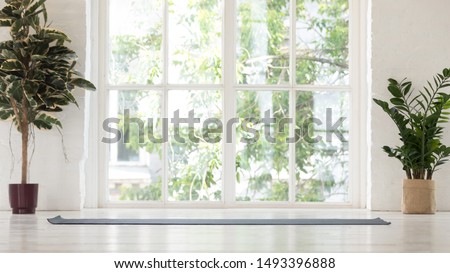 Empty fitness center interior with big windows and unrolled yoga mat on wooden floor, modern loft studio for work out and sport training, exercise, plants in pots, wide horizontal banner Royalty-Free Stock Photo #1493396888