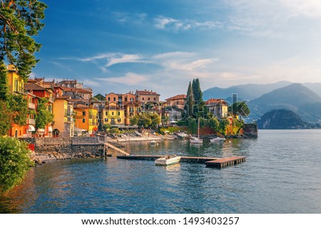 Varenna scenic sunset view in Como lake, Italy. Royalty-Free Stock Photo #1493403257