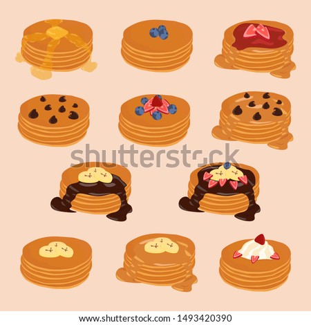 Pancake stack vector isolated clip-art, cartoon style illustration set,various toppings.