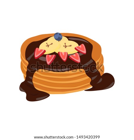 Pancake stack vector isolated clip-art, cartoon style illustration, berries, chocolate and banana topping.