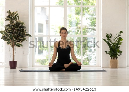 Beautiful woman sitting in Lotus pose, doing Padmasana exercise, practicing yoga, attractive sporty girl wearing black sportswear working out at home or in yoga studio with big window and plants Royalty-Free Stock Photo #1493422613