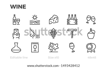 Wine, Grapes, Wine Bottles and Glasses. Vector icons. Editable line. Royalty-Free Stock Photo #1493428412