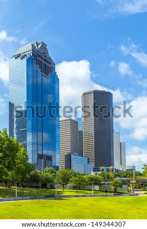 Skyline of Houston, Texas in daytime under blue sky