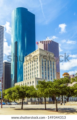 Skyline of Houston, Texas in daytime under blue sky