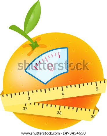 Eating citrus fruits for losing weight flat vector illustration. Cartoon orange with flexible measuring tape and scales isolated on white background. Vegetarian nutrition leading to body mass loss