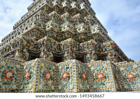 BANGKOK, THAILAND - JULY 30, 2019: Colorful structures, patterns and design details at Wat Pho, the Temple of Reclining Buddha