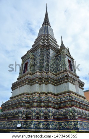 BANGKOK, THAILAND - JULY 30, 2019: Colorful structures, patterns and design details at Wat Pho, the Temple of Reclining Buddha