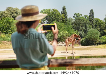 Happy asian zoology student girl taking photo on smartphone while giraffe drinking from lake