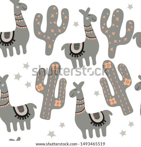 Childish illustration with cute lama and cactus. Funny cartoon alpaca.  Grey creative scandinavian seamless pattern. Nursery print for textile isolated on white background.