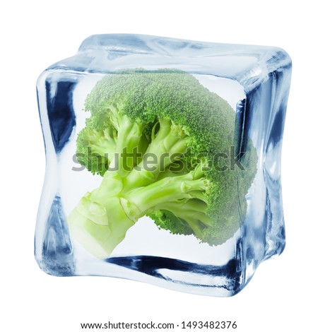 broccoli in ice cube, isolated on white background, clipping path, full depth of field