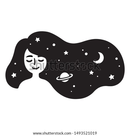 Black and white drawing of beautiful girl with long hair full of stars. Galaxy hair, dream universe. Simple and cute illustration.