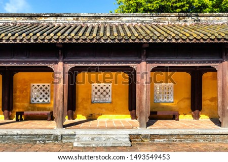 Corridor in the palace of Dien Tho in Hue citadel. Imperial Royal Palace of Nguyen dynasty in Hue, Vietnam. A Unesco World Heritage Site