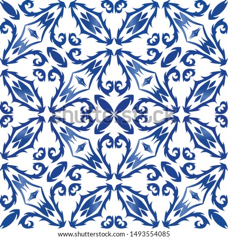 Ethnic ceramic tile in portuguese azulejo. Vector seamless pattern texture. Kitchen design. Blue vintage ornament for surface texture, towels, pillows, wallpaper, print, web background.