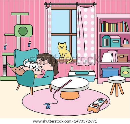 A girl is lying on a chair with a cat in a room full of cat supplies. hand drawn style vector design illustrations. 